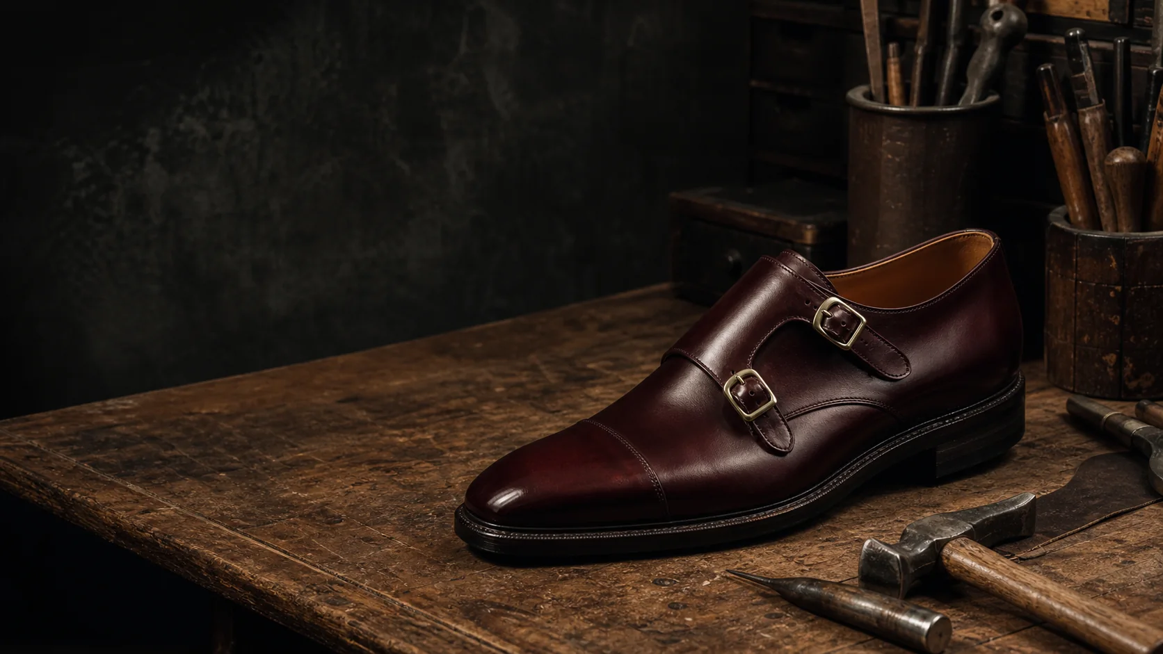 Oxblood double-monk shoe on a shoemaker's workbench
