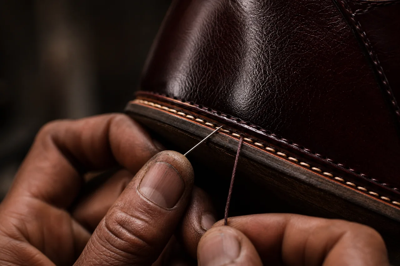 Hand stitching the welt of an oxblood leather shoe