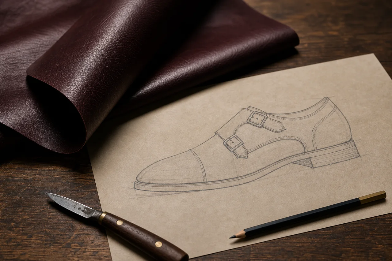 Oxblood leather beside a double-monk shoe design sketch