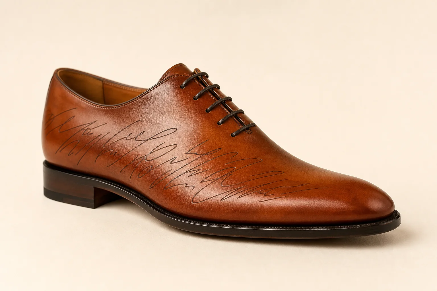 Cognac dress shoe with a restrained laser-engraved handwriting detail