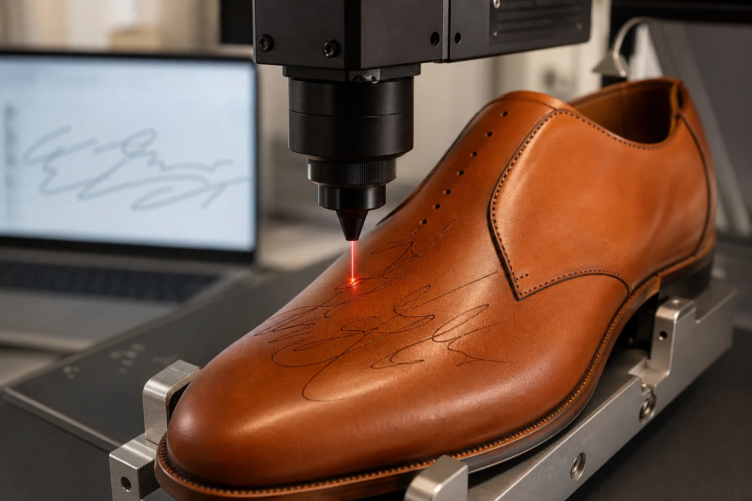 Precision laser engraving a digitized handwriting pattern into cognac shoe leather