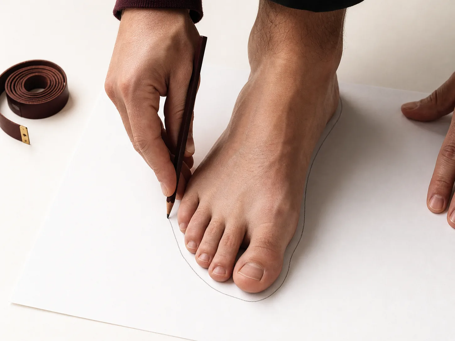 A customer carefully tracing the outline of a bare foot with a pencil on white paper