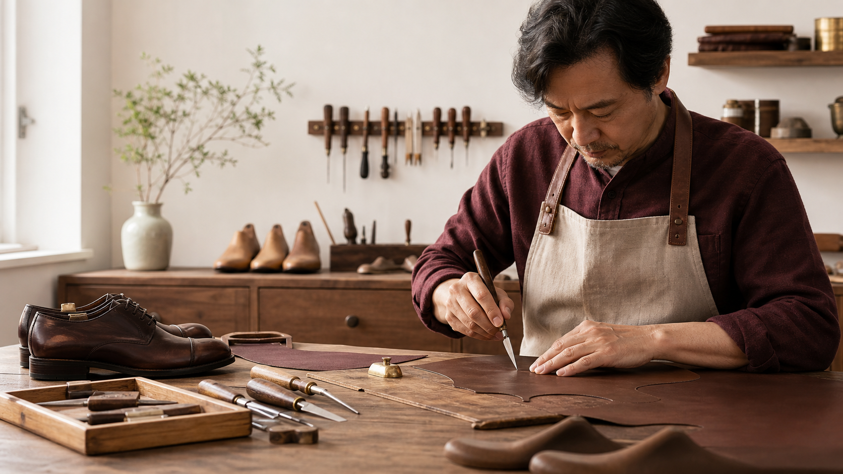 A shoemaker cutting a walnut-brown leather pattern by hand at a bright wooden workbench